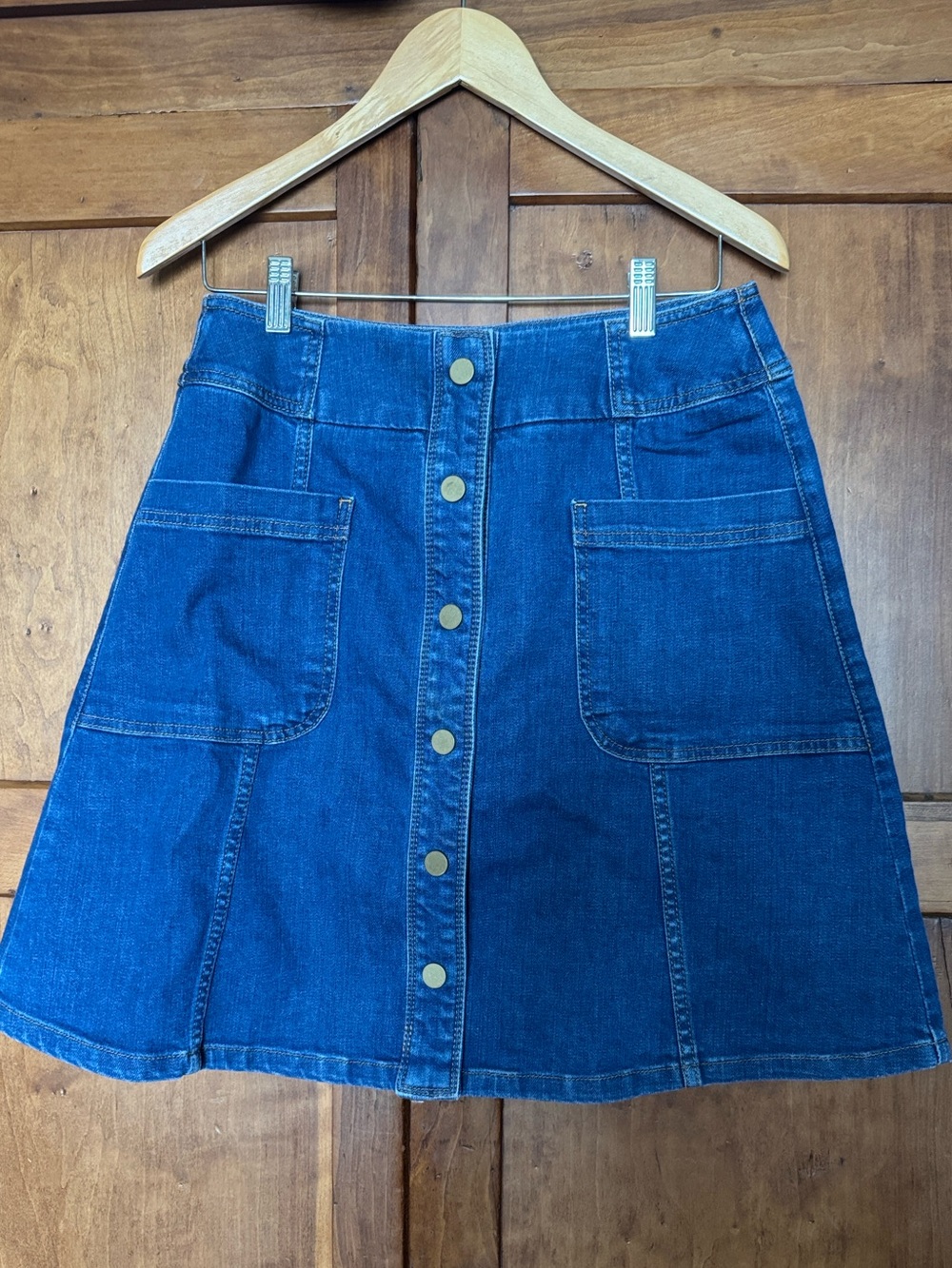 Boden Blue Button-Front Denim A-Line Skirt with Patch Pockets NEW